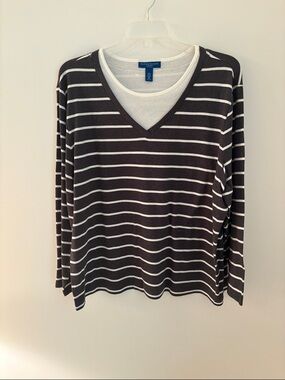 Karen Scott Black and White Striped V-Neck Knit Top